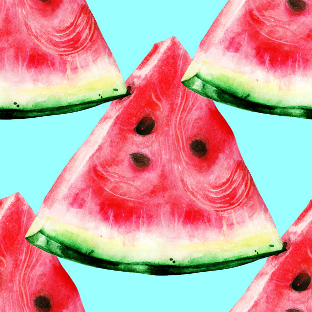 西瓜切片。在纸上水彩。插图。手工制作的。墙艺术打印。写实专业美术。高质量的。彩色图像。夏天的氛围。热带健康食品。无缝模式。图片下载