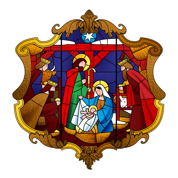 彩色玻璃窗，描绘圣诞景象的装饰巴洛克框架孤立在白色图片下载