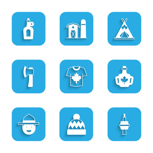 曲棍球运动衫，豆豆帽，多伦多电视塔，枫糖浆瓶，加拿大护林员，木斧，印第安人帐篷和图标。向量图片下载