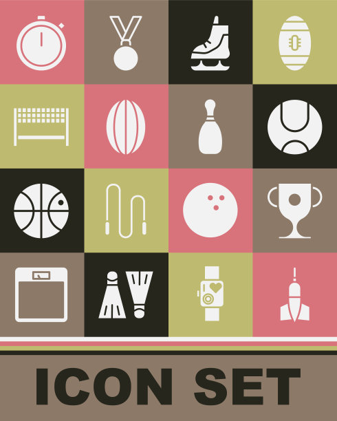 集飞镖箭，奖杯，网球，溜冰鞋，橄榄球，丝带在终点线，秒表和保龄球瓶图标。向量图片下载
