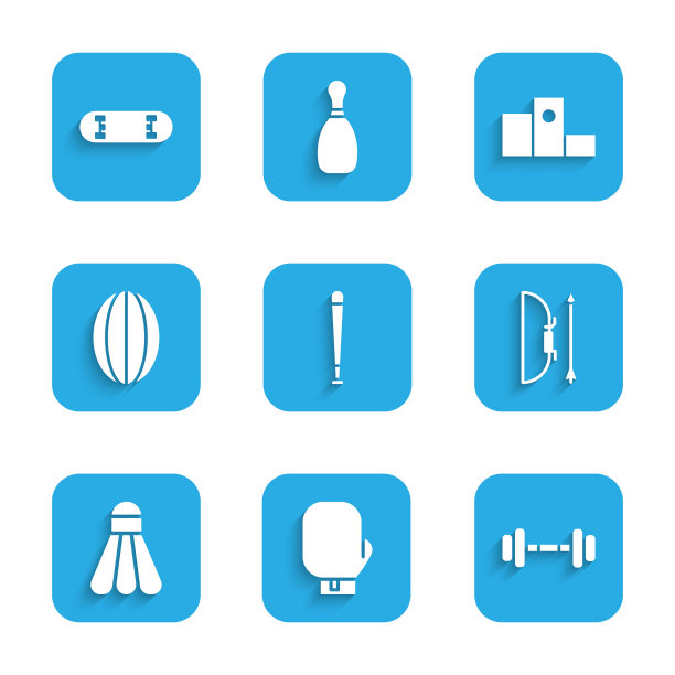集棒球棒，拳击手套，哑铃，弓箭，箭筒，羽毛球，羽毛球，橄榄球，奖项超过体育冠军领奖台和滑板魔术图标。向量图片下载
