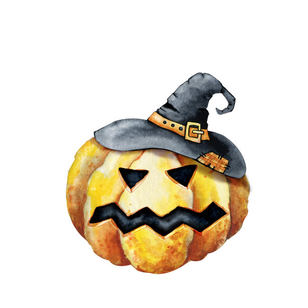 戴着女巫帽的秋天南瓜。手绘水彩插图接近孤立的白色背景。万圣节的节日设计图片下载