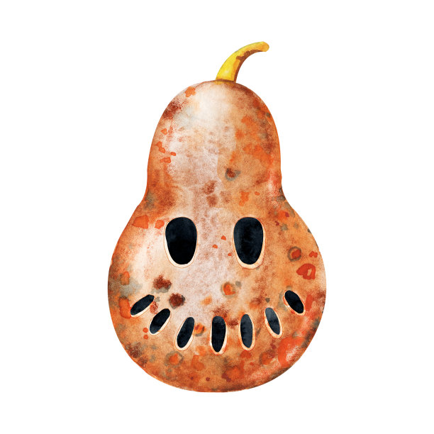 秋天的南瓜有一张脸。手绘水彩插图接近孤立的白色背景。万圣节的节日设计图片下载