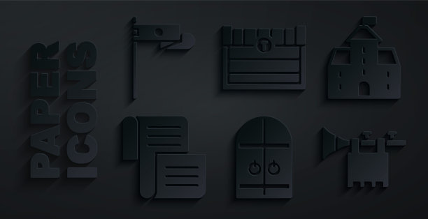 设置中世纪城堡大门，城堡，堡垒，法令，羊皮纸，卷轴，喇叭与旗帜，古董宝箱和图标。向量图片下载