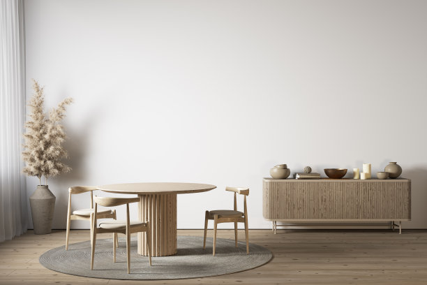 白色的内部与餐桌，梳妆台和装饰。3d渲染插图模型。图片下载
