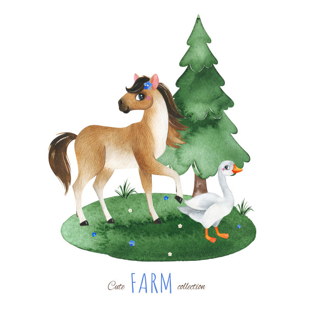 水彩构图有毛皮树，马，鹅。图片下载