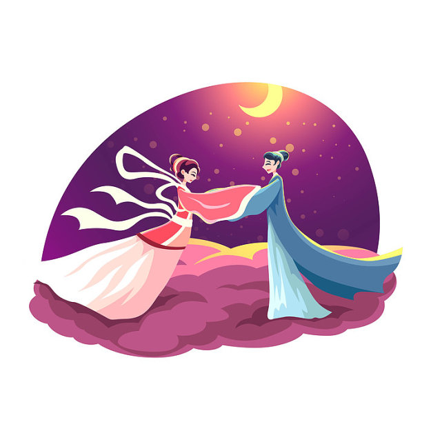 天上相会的牛郎织女插画元素图片下载