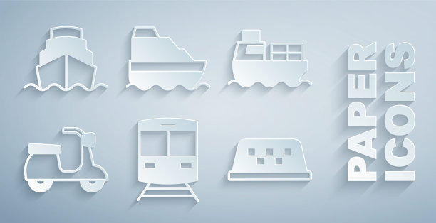 集火车、铁路、货运船、机车、出租车车顶、Cruise和图标。向量图片下载