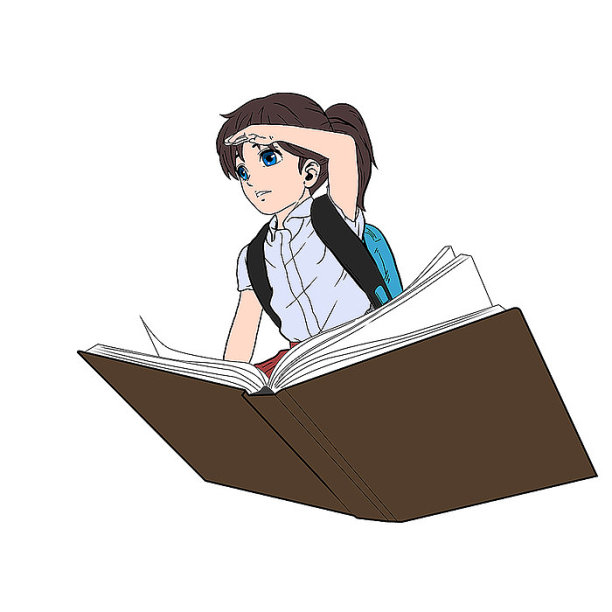 手绘坐书本飞翔的学生图片下载