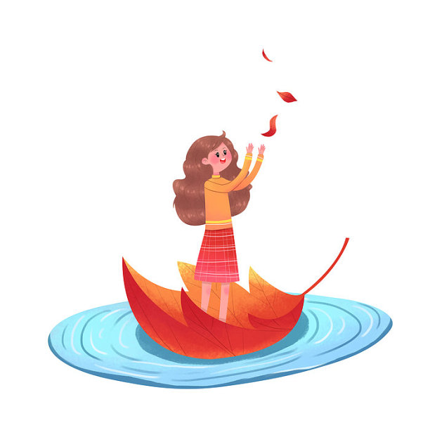 秋天女孩乘坐树叶船图片下载