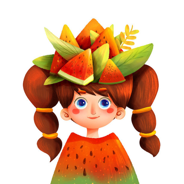 红绿色女孩头顶西瓜插画图片下载