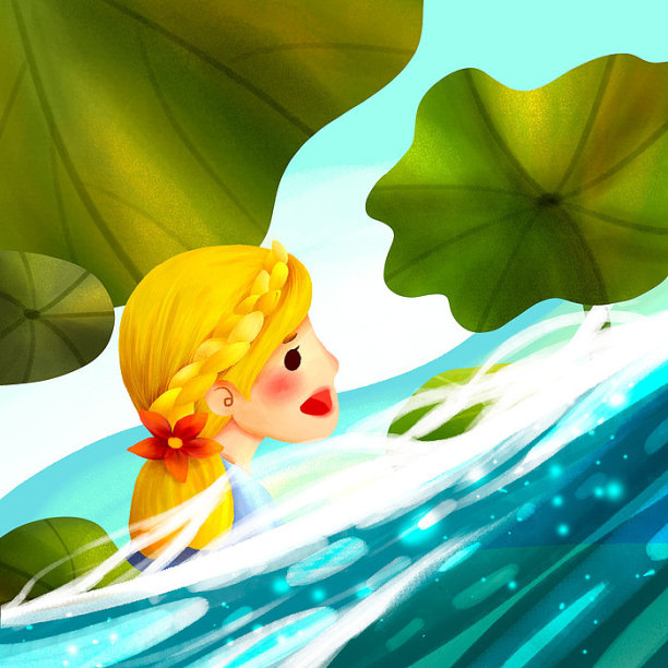 绿色荷叶金发女孩插画图片下载