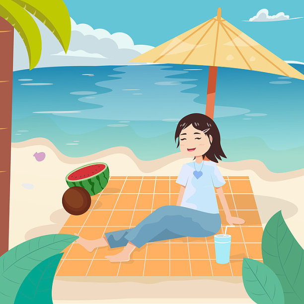 野餐布上女孩玩耍插画图片下载