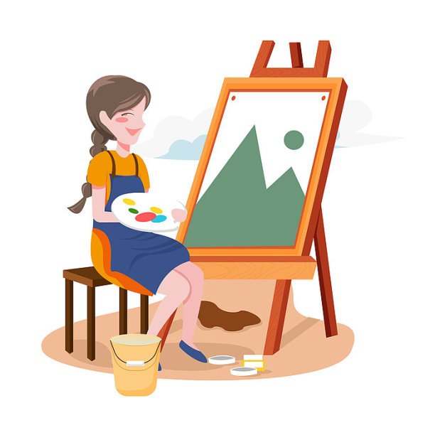 元素小女孩在画画插画图片下载