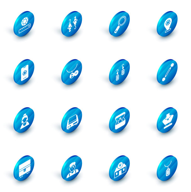 耳环，放大镜，珠宝店，网上购物，珠宝顾问，吊坠项链，穿孔和图标。向量图片下载