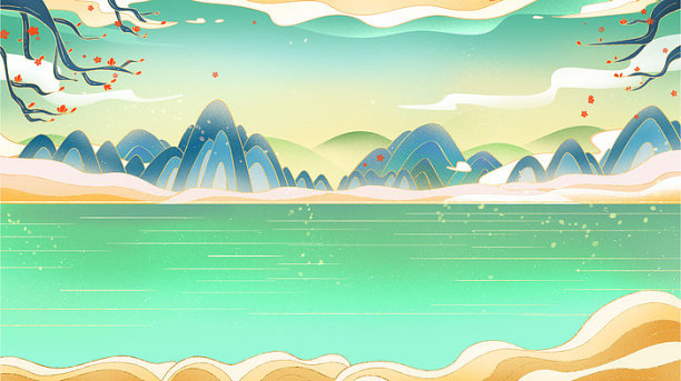 卡通手绘国潮山水风景插画背景图片下载