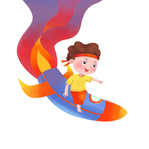 可爱男孩坐着火箭飞翔图片下载