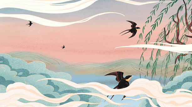 国潮插画山水祥云燕子图片下载