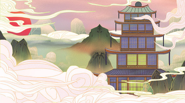 国潮插画山水祥云建筑图片下载