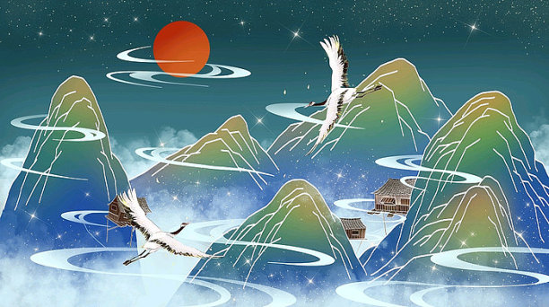 国潮山水仙鹤群山国风图片下载