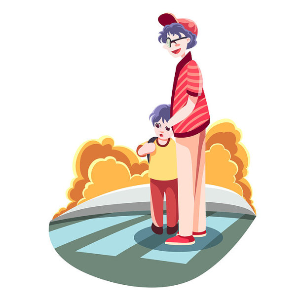 过斑马线的父子插画元素图片下载