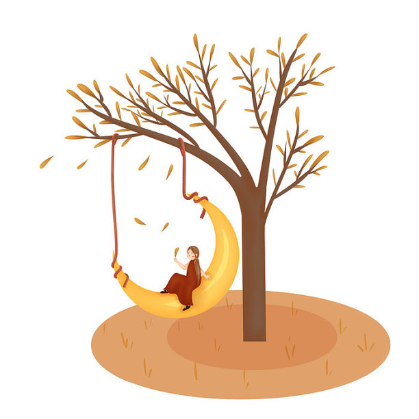 手绘秋天树叶女孩人物素材图片