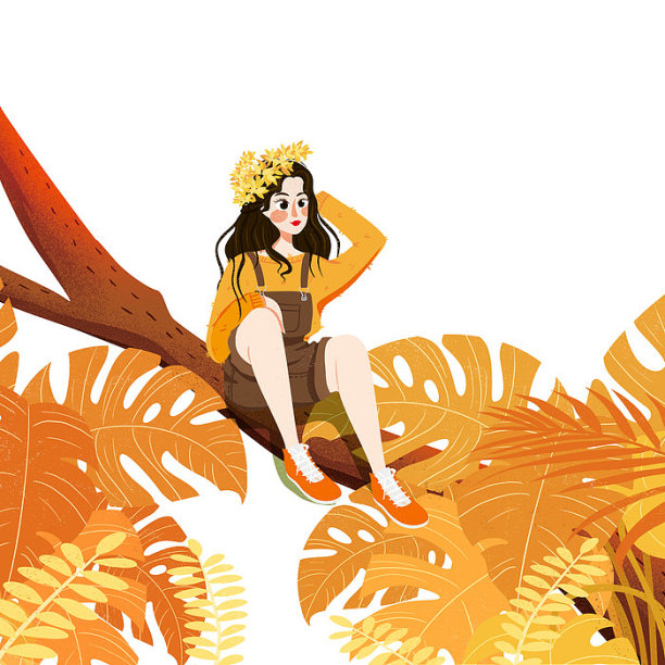 手绘秋天卡通树叶人物素材图片