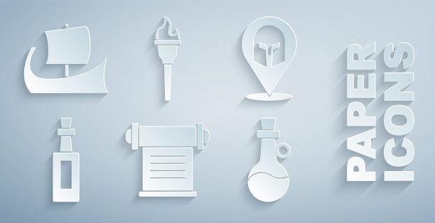 设置法令，羊皮纸，卷轴，希腊头盔，橄榄油瓶，火炬火焰和三列雷米图标。向量图片下载