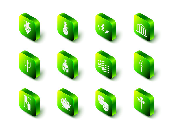 Set Bottle of olive oil, Zeus, Parthenon, Torch flame, Caduceus snake medical，希腊国旗，Comedy and tragedy masks and olive in bowl icon。向量图片下载