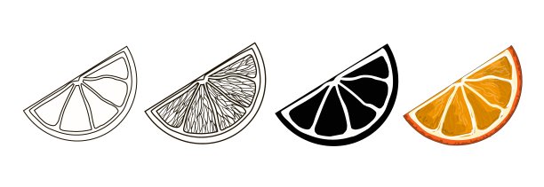 一套四橙色切片-轮廓风格，涂鸦，卡通和黑色轮廓的橙色。图片下载