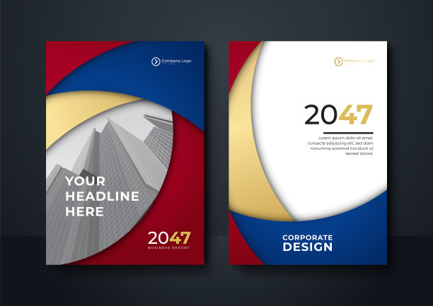 小册子封面设计模板与现代波浪几何图形。红色和蓝色几何背景海报宣传册传单设计布局矢量模板A4大小图片下载