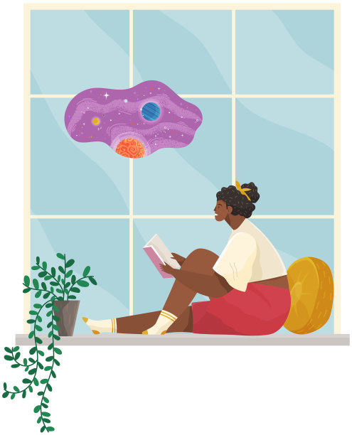 年轻女子坐在家里的窗台上看着图片下载