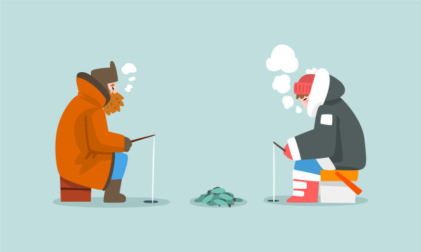 男人穿着暖暖的冬衣，在结冰的冰上钓鱼图片下载