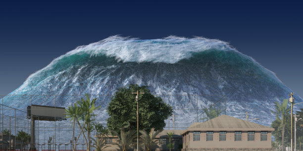 海啸波浪启示水景城市洪水风暴。3D插图图片下载