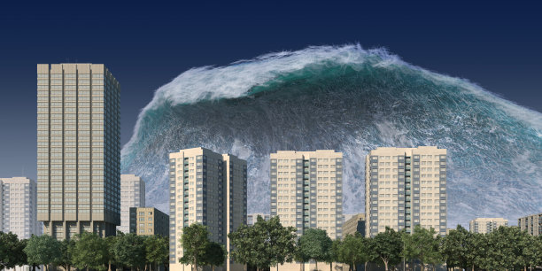 海啸波浪启示水景城市洪水风暴。3D插图图片下载