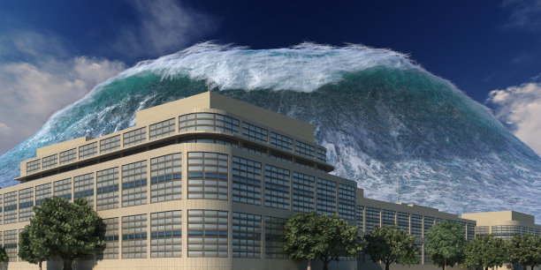 海啸波浪启示水景城市洪水风暴。3D插图图片下载