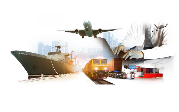 双重暴露商人工作行业和安全概念集装箱卡车，港口船舶和货运飞机在运输和进出口商业物流，航运行业图片下载
