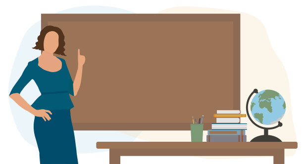 美丽的老师在教室里用手指着黑板。教师,教育。矢量插图。图片下载