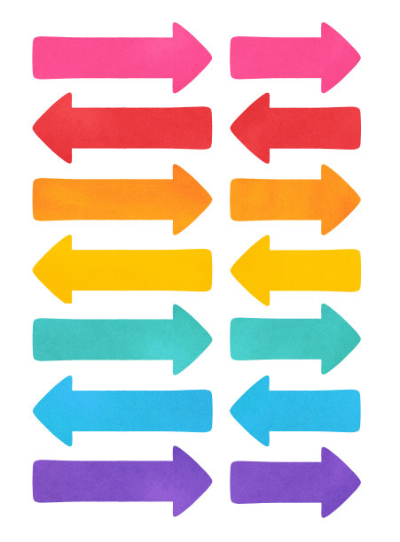 水彩插图套方向箭头的不同大小和颜色:粉红色，红色，橙色，黄色，绿色-蓝色，蓝色，紫色。图片下载