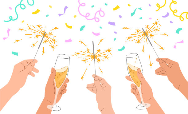 手拿香槟酒杯，用焰火庆祝图片下载
