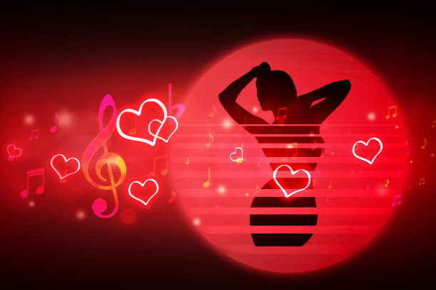 炽热的音符，红心和一个跳舞的女人的剪影在红色的背景与散景图片下载