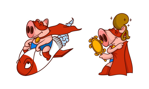 粉红猪穿着红色超级英雄斗篷，戴着面具骑马图片下载