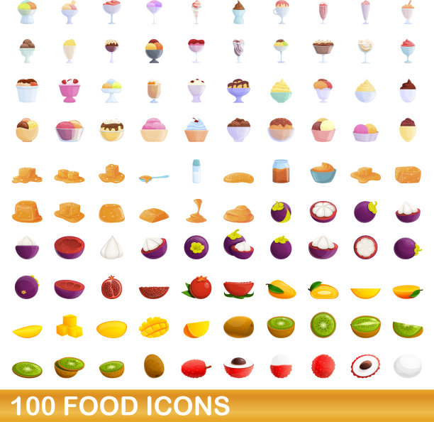 100个食物图标设定卡通风格图片下载