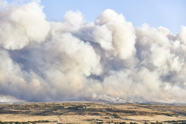 在一个城市附近的山坡上，一场森林大火和一大片烟雾的照片。自然灾害的概念图片下载