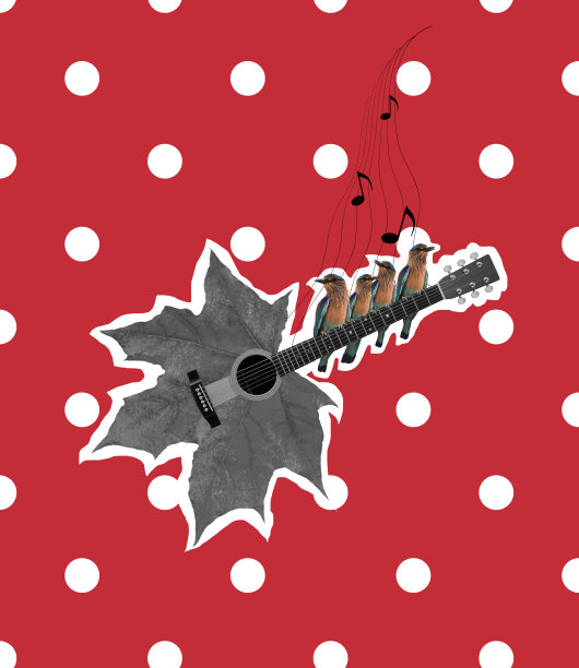 当代秋叶艺术作品，以吉他和唱歌的鸟的形式孤立在红色背景与白点图片下载