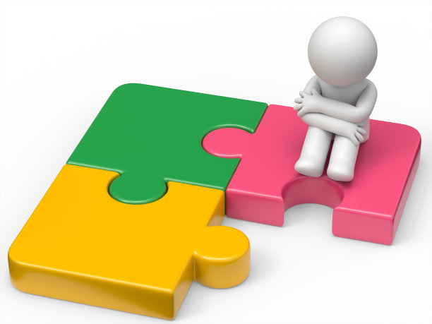 一块拼图不见了，3d人正坐着等着它。图片下载