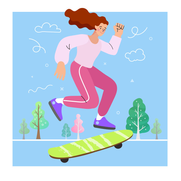 女孩们玩滑板。人们户外活动。向量人物插图图片下载