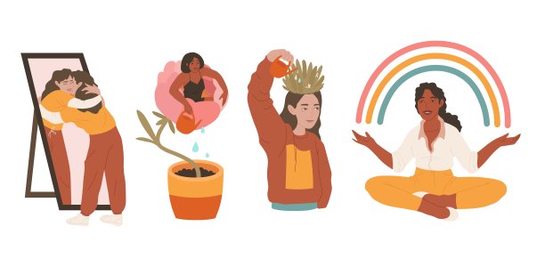 卡通平面自我护理理念。心理健康，心理病媒概念。孤立的向量设计。卫生保健。图片下载