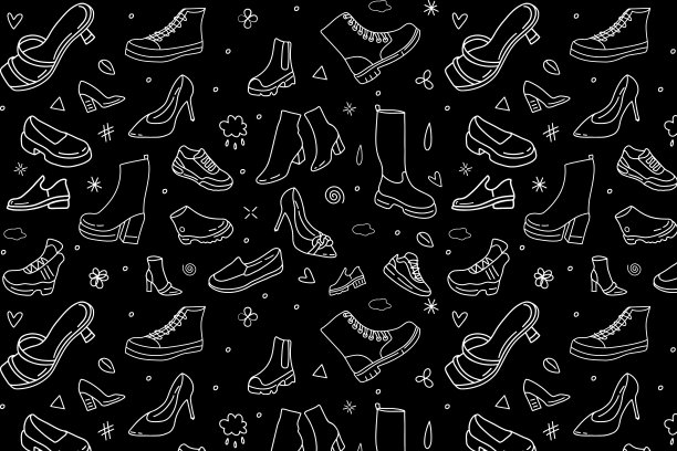 黑白花纹配鞋，鞋轮廓无缝花纹。图片下载