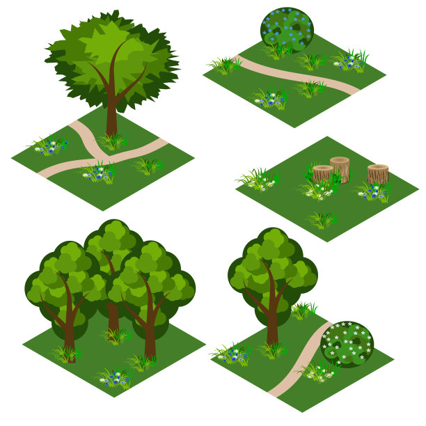 景观等距瓷砖设置。卡通或游戏资产图片下载